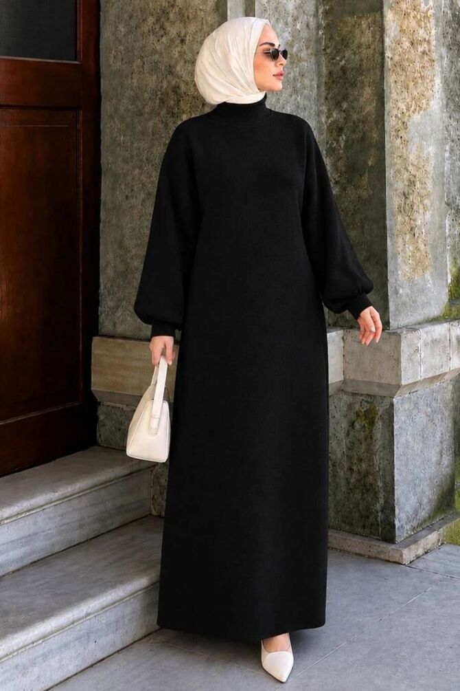 Turtleneck Plain Black Modest Knit Dress 30481S - 1
