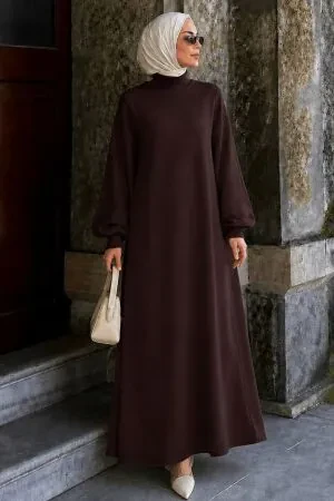 Turtleneck Plain Brown Modest Knit Dress 30481KH - 1