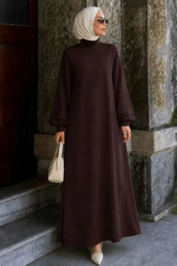 Turtleneck Plain Brown Modest Knit Dress 30481KH - 1