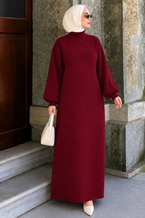 Turtleneck Plain Cherry Modest Knit Dress 30481VSN - 1