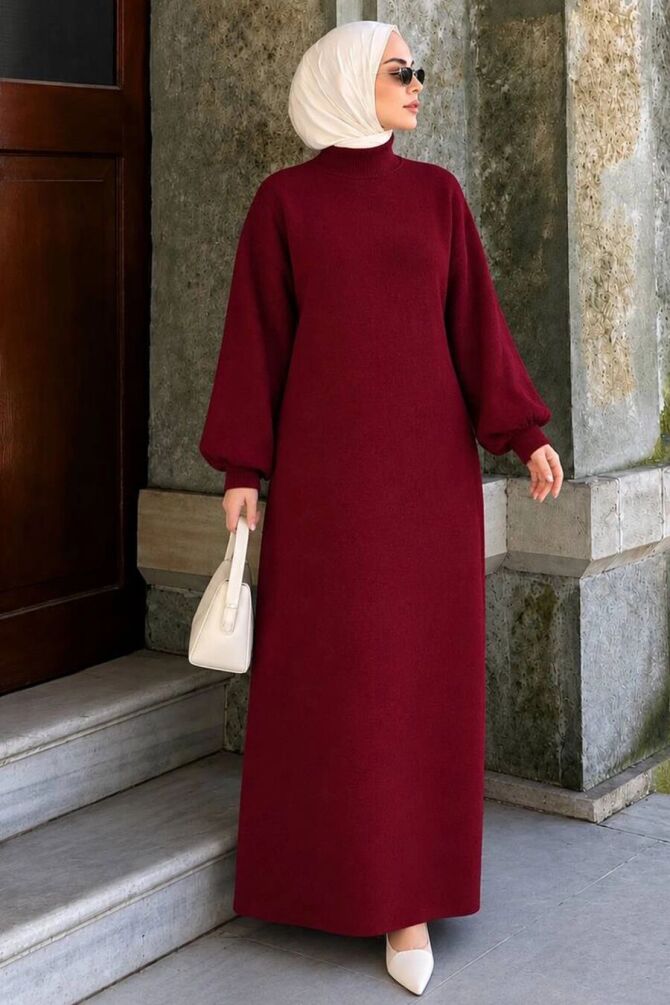 Turtleneck Plain Cherry Modest Knit Dress 30481VSN - 1