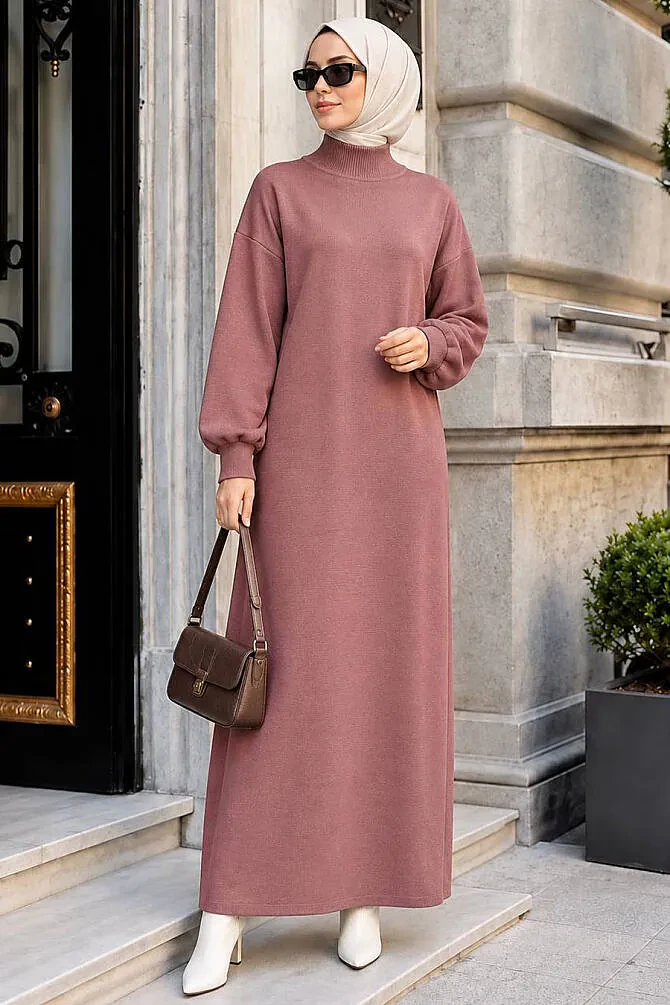 Turtleneck Plain Dusty Rose Modest Knit Dress 30481GK - 1