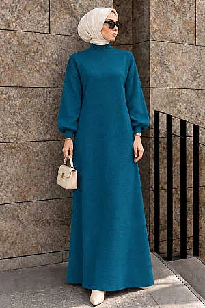 Turtleneck Plain Emerald Green Modest Knit Dress 30481ZY 