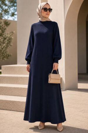 Turtleneck Plain Navy Blue Modest Knit Dress 30481L 