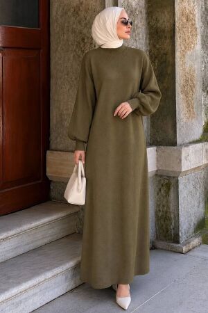 Turtleneck Plain Olive Green Modest Knit Dress 30481YY - 1