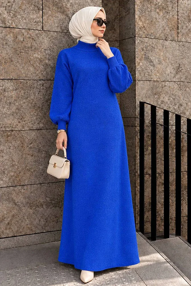 Turtleneck Plain Saxe Blue Modest Knit Dress 30481SX - 1