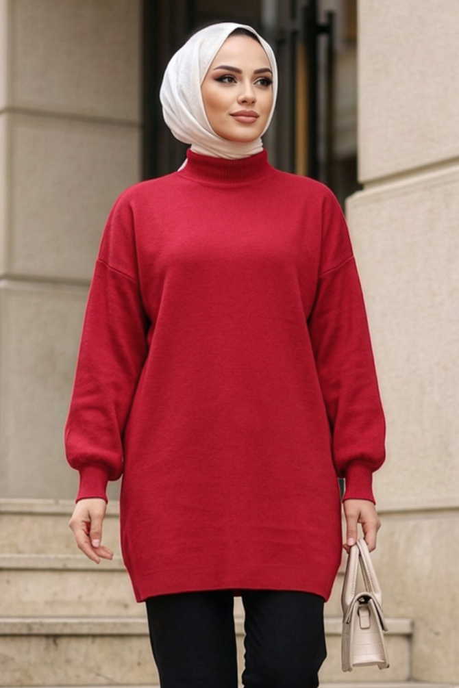 Turtleneck Red Modest Knit Sweater 10381K - 1