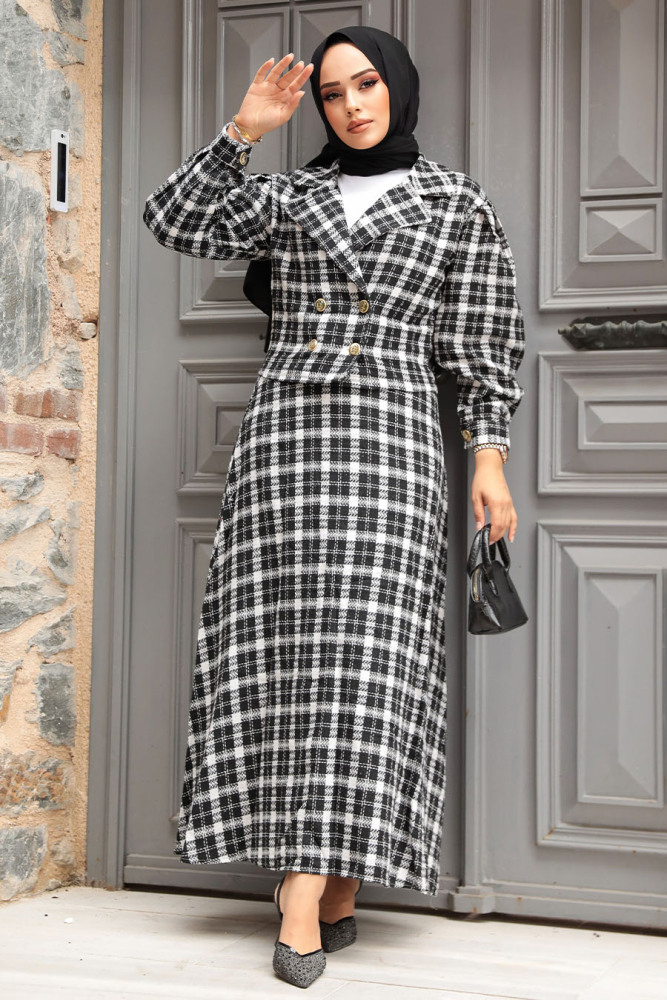 Tüvit Ceketli Siyah Tesettür Etekli İkili Takım 12431S - 2