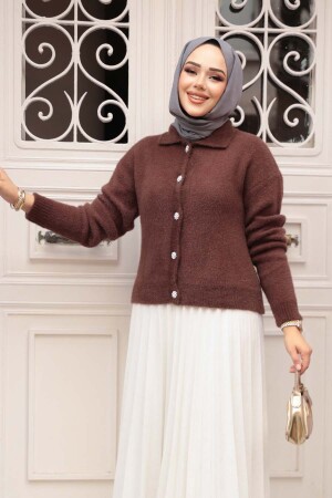 Tüylü Kahverengi Tesettür Triko Hırka 85321KH - 2