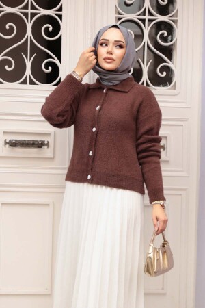 Tüylü Kahverengi Tesettür Triko Hırka 85321KH - 1