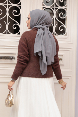 Tüylü Kahverengi Tesettür Triko Hırka 85321KH - 3