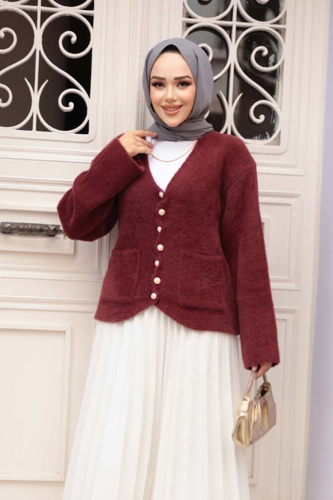 Tüylü Koyu Bordo Tesettür Triko Hırka 8828KBR - NEVA STYLE