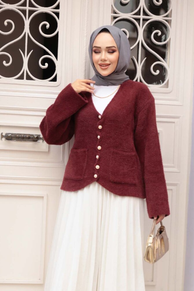 Tüylü Koyu Bordo Tesettür Triko Hırka 8828KBR - 2