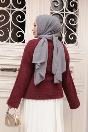 Tüylü Koyu Bordo Tesettür Triko Hırka 8828KBR - 3