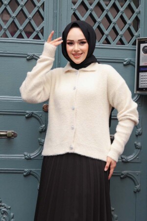 Tüylü Krem Tesettür Triko Hırka 85321KR - NEVA STYLE