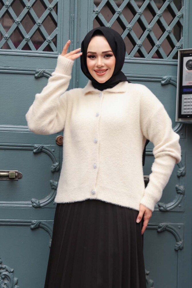 Tüylü Krem Tesettür Triko Hırka 85321KR - 1