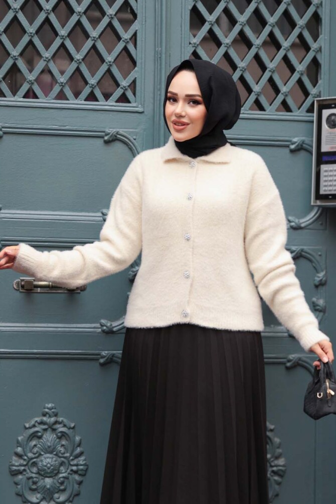 Tüylü Krem Tesettür Triko Hırka 85321KR - 2