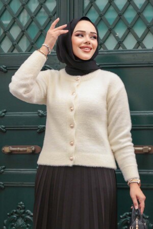 Tüylü Krem Tesettür Triko Hırka 86041KR - 1