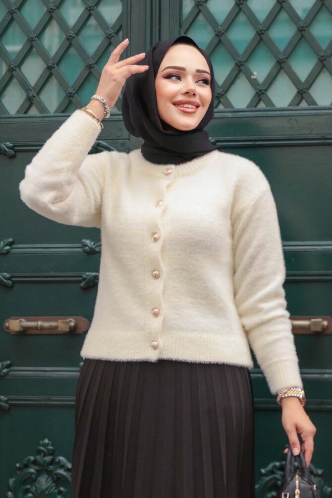 Tüylü Krem Tesettür Triko Hırka 86041KR - 1