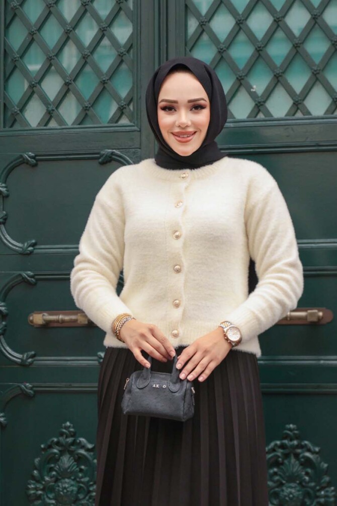Tüylü Krem Tesettür Triko Hırka 86041KR - 2