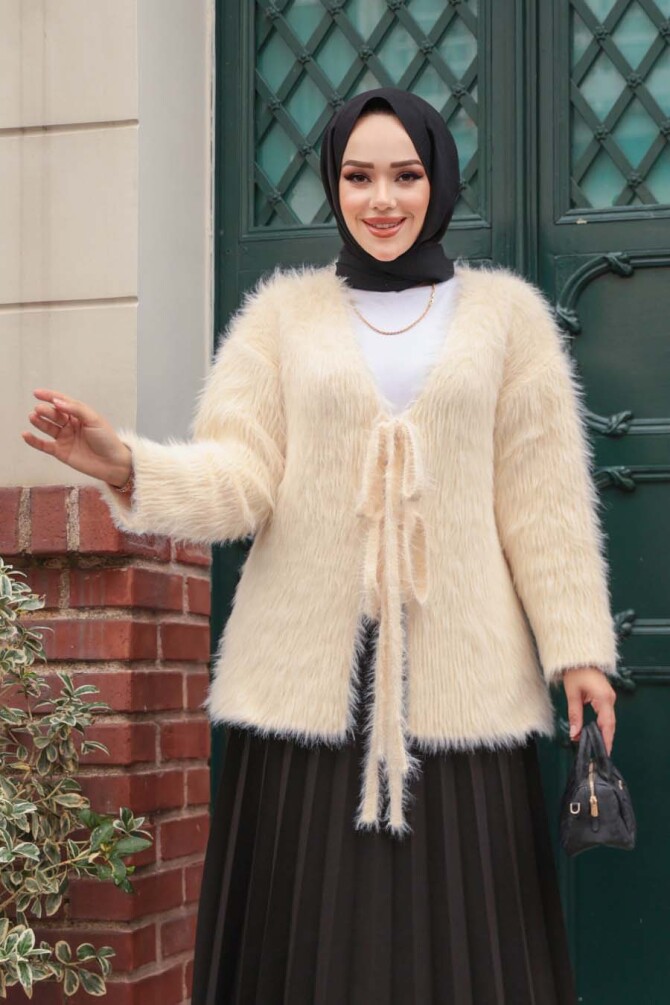 Tüylü Krem Tesettür Triko Hırka 8682KR - 1