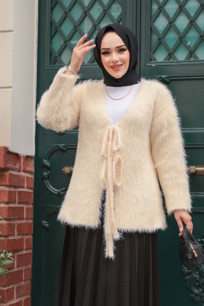 Tüylü Krem Tesettür Triko Hırka 8682KR - 2