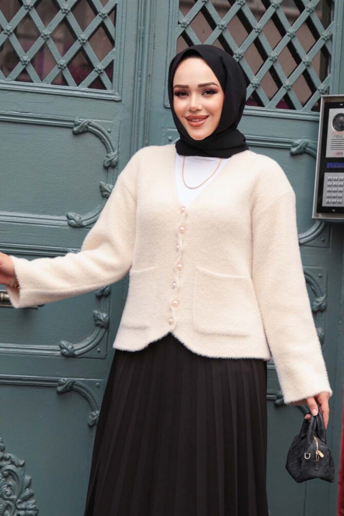 Tüylü Krem Tesettür Triko Hırka 8828KR - 2