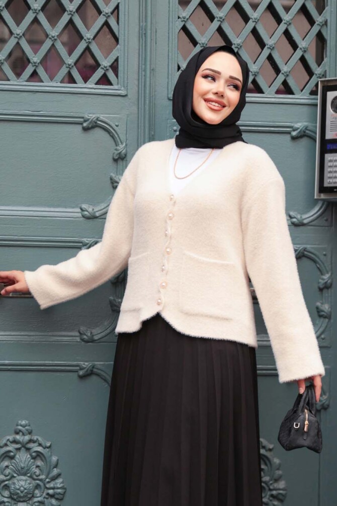 Tüylü Krem Tesettür Triko Hırka 8828KR - 3