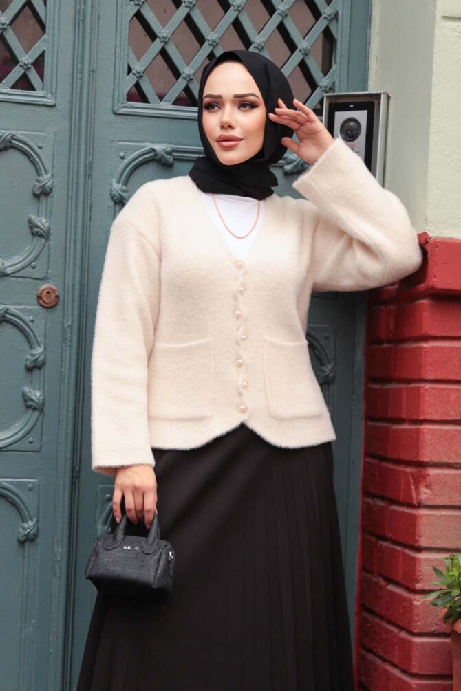 Tüylü Krem Tesettür Triko Hırka 8828KR - 4