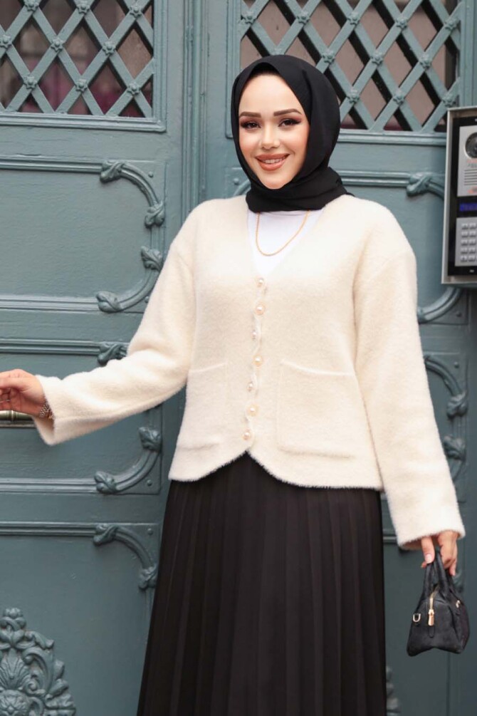 Tüylü Krem Tesettür Triko Hırka 8828KR - 1