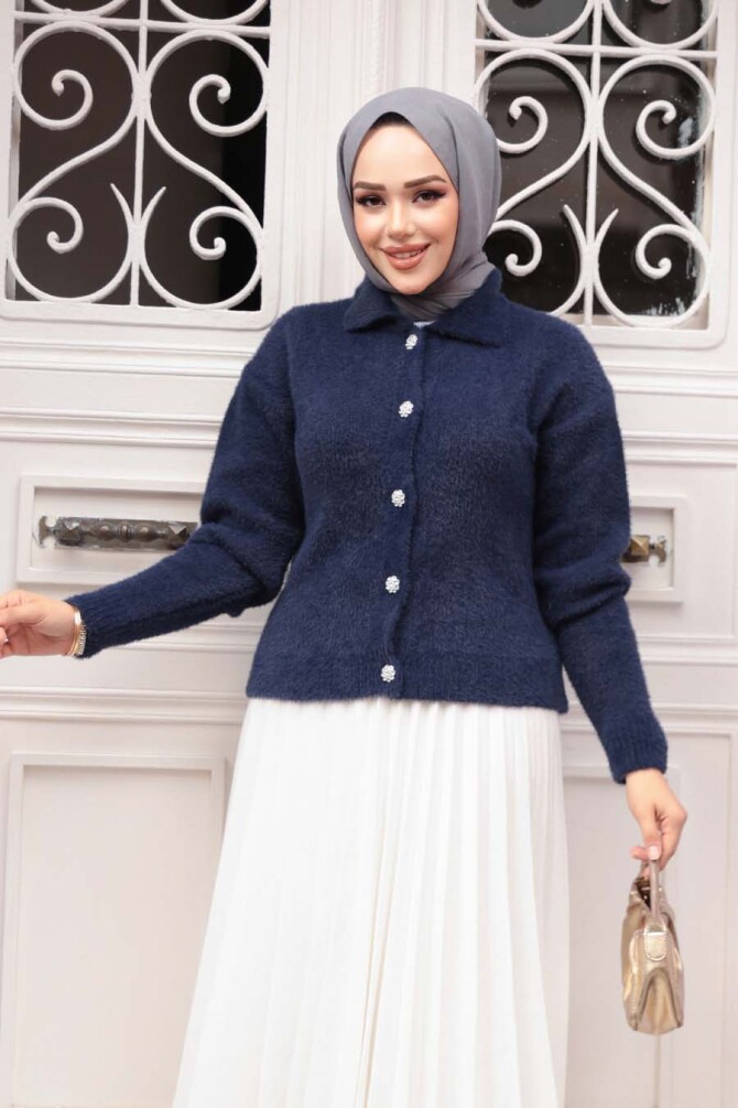 Tüylü Lacivert Tesettür Triko Hırka 85321L - NEVA STYLE