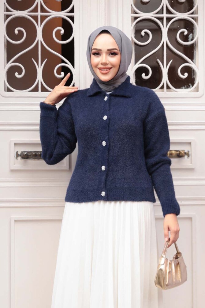 Tüylü Lacivert Tesettür Triko Hırka 85321L - 2