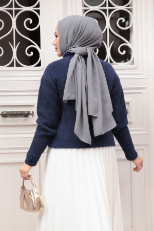 Tüylü Lacivert Tesettür Triko Hırka 85321L - 3