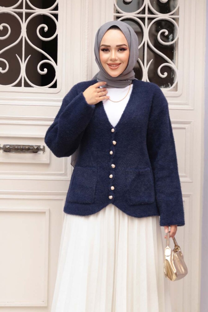 Tüylü Lacivert Tesettür Triko Hırka 8828L - NEVA STYLE