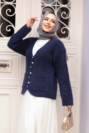 Tüylü Lacivert Tesettür Triko Hırka 8828L - 2