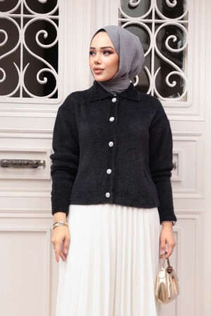 Tüylü Siyah Tesettür Triko Hırka 85321S - 1
