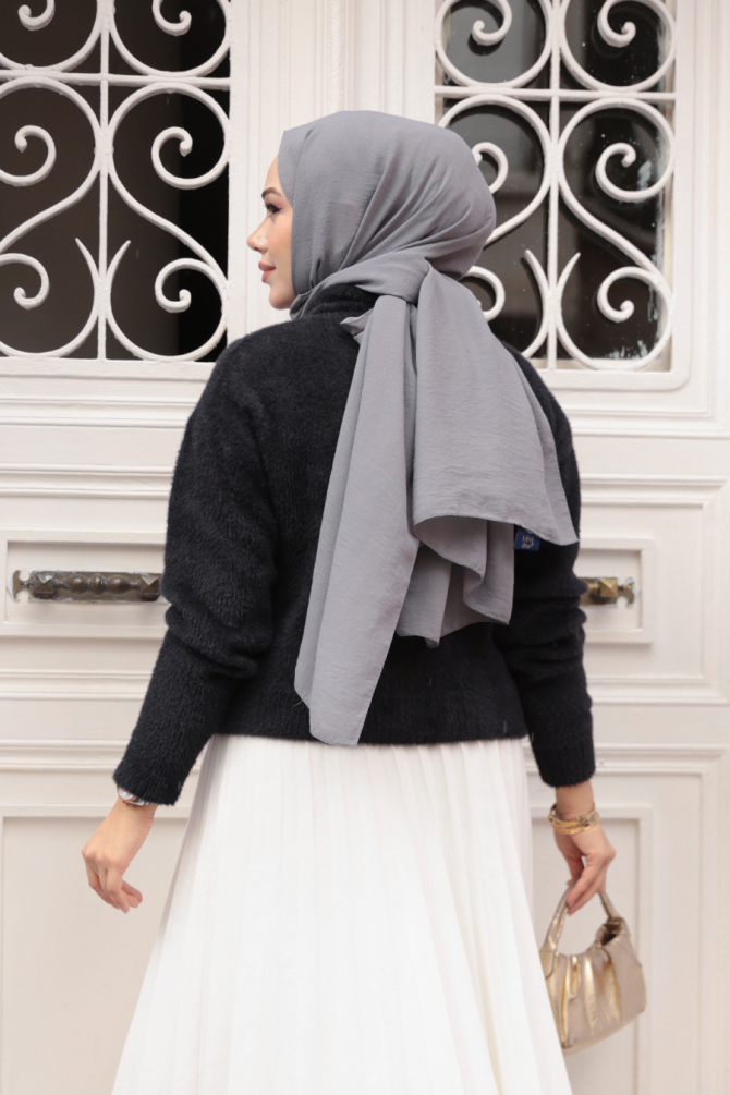 Tüylü Siyah Tesettür Triko Hırka 85321S - 3