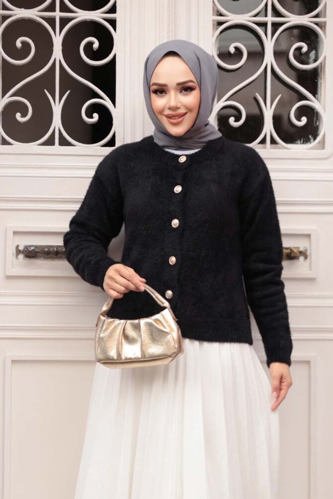 Tüylü Siyah Tesettür Triko Hırka 86041S - NEVA STYLE