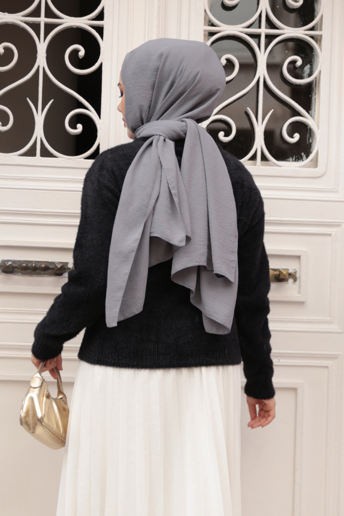 Tüylü Siyah Tesettür Triko Hırka 86041S - 3