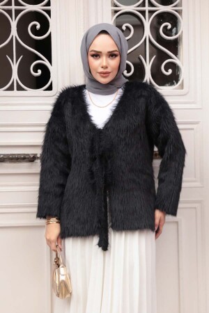 Tüylü Siyah Tesettür Triko Hırka 8682S - 3