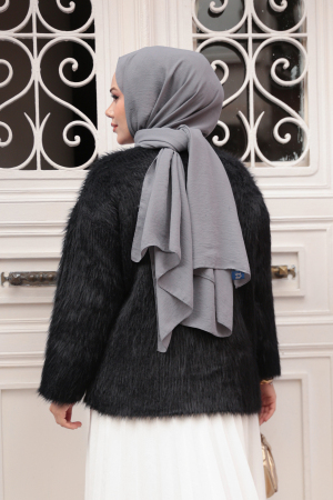 Tüylü Siyah Tesettür Triko Hırka 8682S - 4