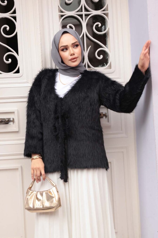 Tüylü Siyah Tesettür Triko Hırka 8682S - 2