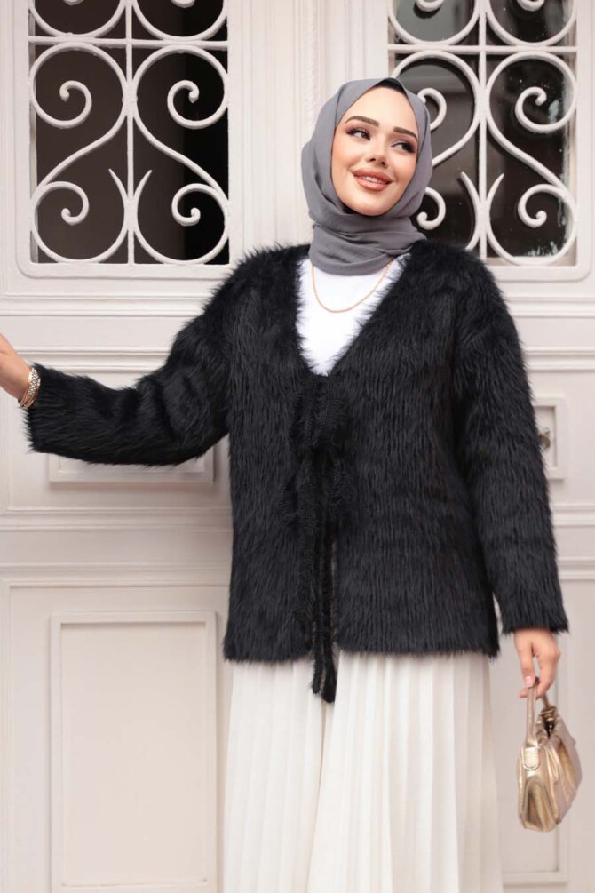 Tüylü Siyah Tesettür Triko Hırka 8682S - 1