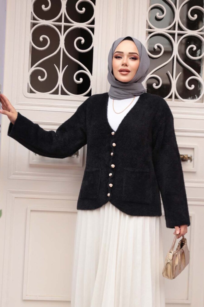Tüylü Siyah Tesettür Triko Hırka 8828S - 2
