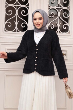 Tüylü Siyah Tesettür Triko Hırka 8828S - 1