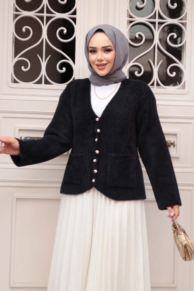 Tüylü Siyah Tesettür Triko Hırka 8828S - 1