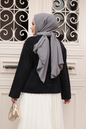 Tüylü Siyah Tesettür Triko Hırka 8828S - 3