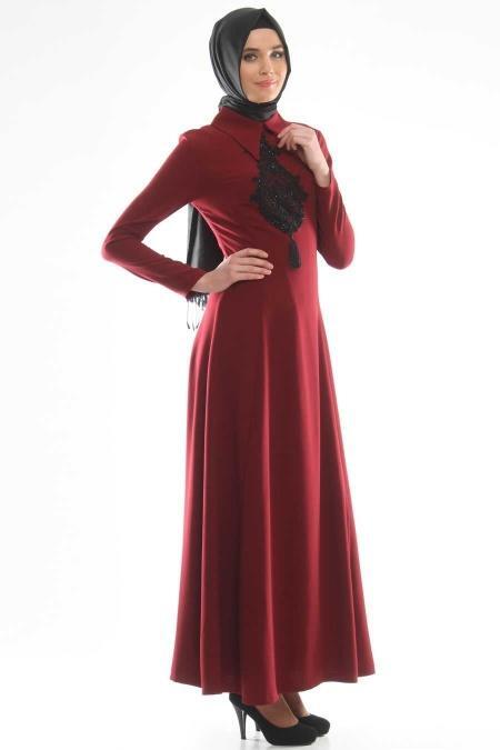 Tuay - Dantel Detaylı Bordo Elbise - 2