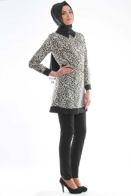 Aybqe - Leoparlı Desenli Siyah Tunik 5024S - 2