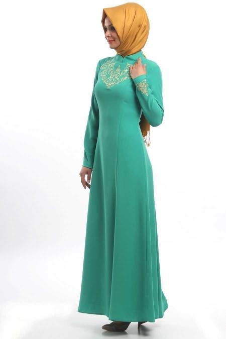 Mahber - Gold Desenli Yeşil Elbise - 2